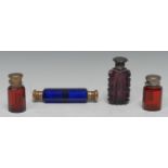 A Victorian double ended faceted cobalt blue scent bottle, hinged domed plated covers, 13cm long,