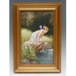A 19th century German rectangular plaque, Psyche am Wasserspiegel, painted by Kiess, signed, after