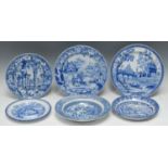 A Spode Tiber pattern blue and white plates, 24.5cm diam, c.1810; another, Davenport, printed with