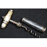 A George III silver travelling pocket picnic corkscrew, barrel-shaped mother of pearl handle, 4cm