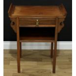 A Chinese hardwood side table, 'altar' top above a frieze drawer and an open undertier flanked by