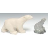 A Langley Mill Oakes period stoneware polar bear, in the white, 26cm long, c.1938; another, on