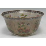 A Chinese plique a jour shaped bowl, enamelled with pink flowers and foliage, 18.5cm diam, mid