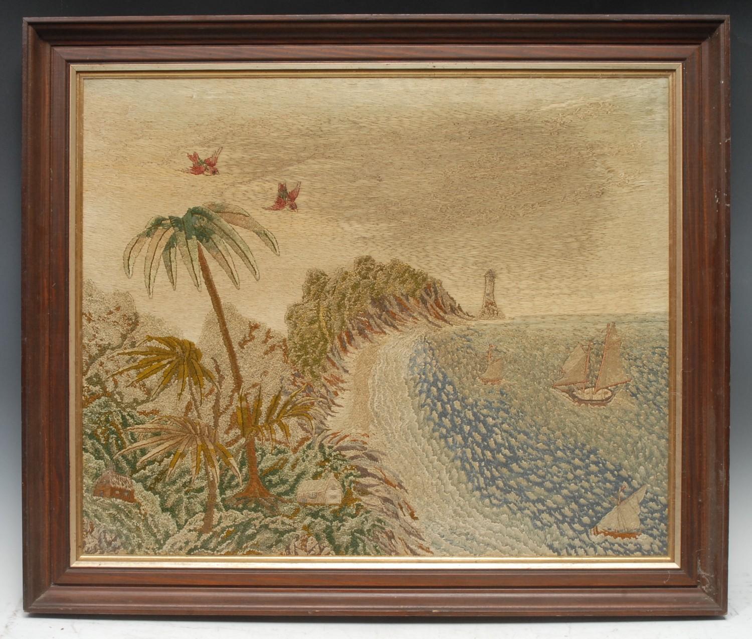 An early 20th century silkwork panel, embroidered with Jamaican Cove, 53cm x 67cm