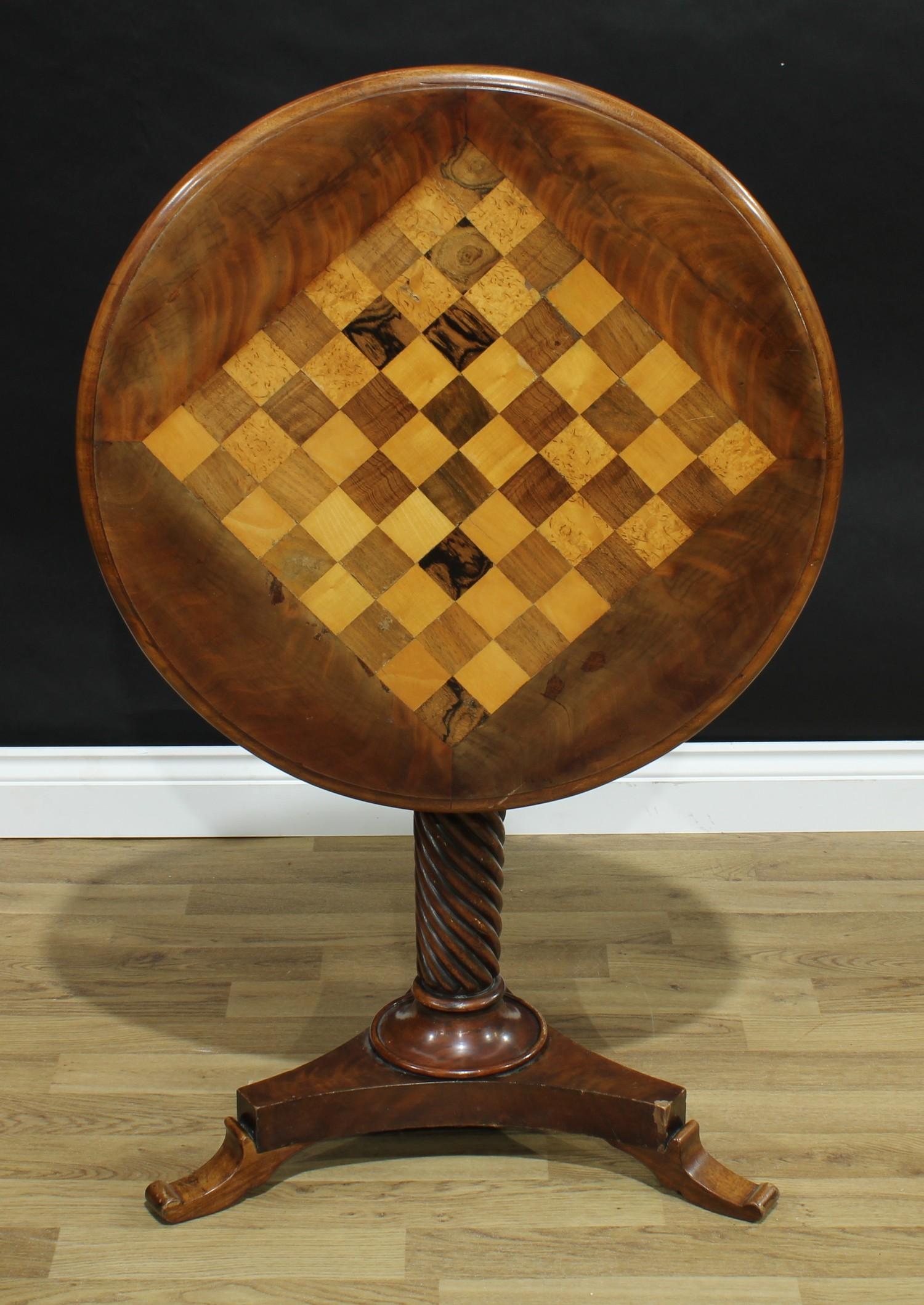 A 19th century mahogany circular pedestal games table, moulded tilting top inlaid for chess, above a - Image 2 of 3