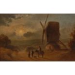 T ** (19th century) Figures on a Lane Beside a Windmill oil on board, 13.5cm x 21.5cm