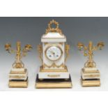 A 19th century French gilt metal and marble clock garniture, the 8cm diam white dial with Arabic