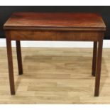 A George III mahogany rectangular tea table, folding top above a deep frieze, chamfered square legs,