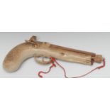 A 19th century brown salt glazed stoneware novelty flask, as a flintlock pistol, 25cm long, c.1840