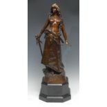 Louis Auguste Moreau (1855 - 1919), a brown patinated bronze, Judith, gilt metal adornments set with