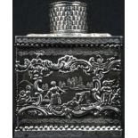 A Dutch Rococo Revival rectangular tea caddy and cover, chased with figural allegories of virtue and