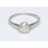 A diamond solitaire ring, off set rounded cushion cut diamond approx 1.5ct, crown claw set, 18ct