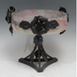 A Muller Freres opaque opalescent glass fruit bowl, the wrought iron stand applied with flowers in