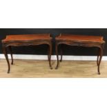 A pair of George III French Hepplewhite mahogany serpentine card tables, each crossbanded folding