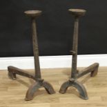 A pair of 19th century cast iron country house andirons, 70cm high (2)
