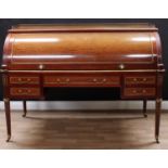 A substantial Franglais gilt metal mounted cylinder desk, pierced three-quarter gallery, retractable