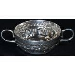 A Victorian silver toy porringer, in 17th century style, 5.5cm over handles, London 1895