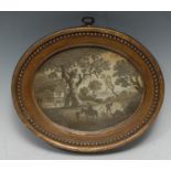 A 19th century oval silk work picture, depicting figures in a farmyard, 14cm x 18cm, c.1820, gilt