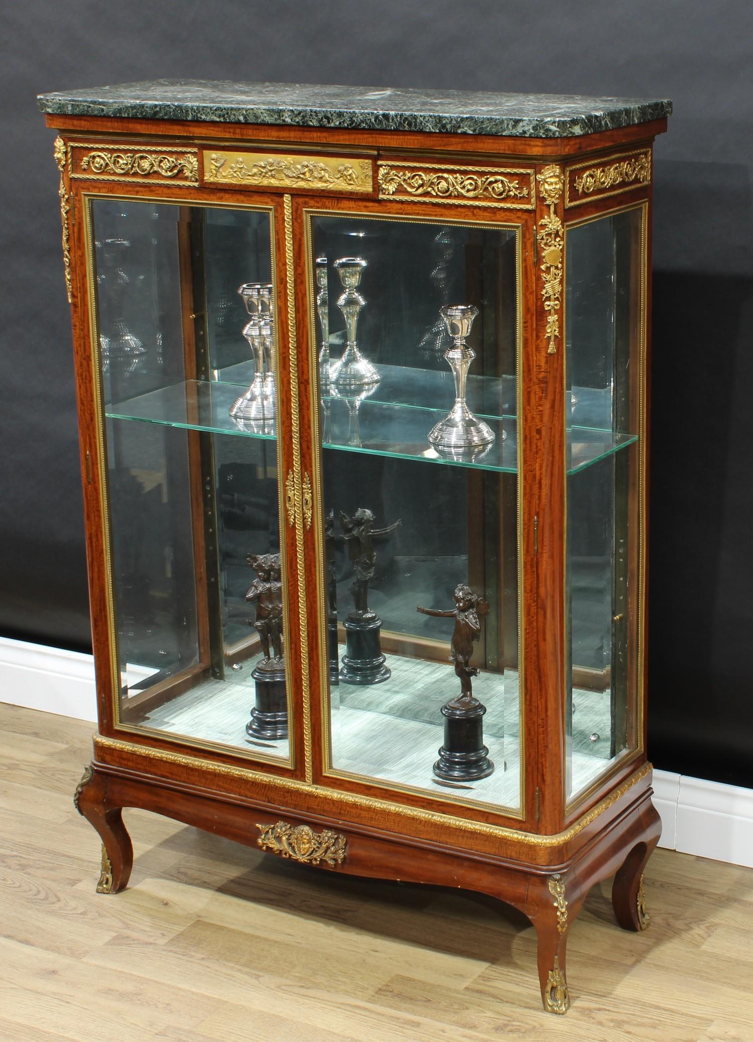 A Louis XVI Revival gilt metal mounted satinwood vitrine, marble top above a deep frieze centred - Image 2 of 3