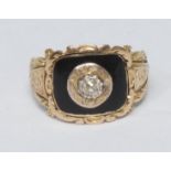A 19th century diamond and black onyx mourning ring, central old cut diamond approx 0.16ct, embossed