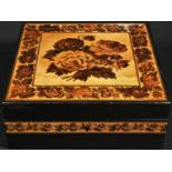 A Victorian Tunbridge ware and rosewood rectangular box, hinged cover inlaid with roses, outlined