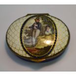 A George III South Staffordshire enamel oval patch box, the hinged cover printed in polychrome