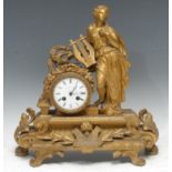 A 19th century French figural gilt metal mantel clock, 9cm dial, Roman numerals, twin winding holes,