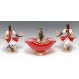 A pair of Murano glass figural Blackmoor two light candle holders, both kneeling wearing red