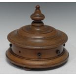 A Victorian turned mahogany seamstress's table top sewing thread box, knop finial, enclosing eight