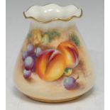 A Royal Worcester ovoid vase, pie crust rim, painted by Roberts, signed, with peaches and sloes on a