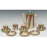 A Clarice Cliff Bizarre geometrical part coffee set, comprising coffee pot, cream jug, three