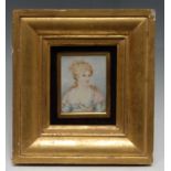 English School, 19th century, a portrait miniature, young beauty, wearing a lace trimmed dress, 8.