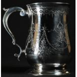 A George II silver bell shaped mug, later bright-cut and wriggle-work engraved with ribbon-tied