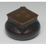 A Kralik opalescent glass inkwell, in the manner of Loetz, hinged brass cover embossed with holly