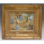 An Italian majolica rectangular plaque, painted in the istoriato manner with tavern revellers,