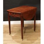 A George III mahogany Pembroke table, oval top above a cockbeaded frieze drawer, shaped apron,