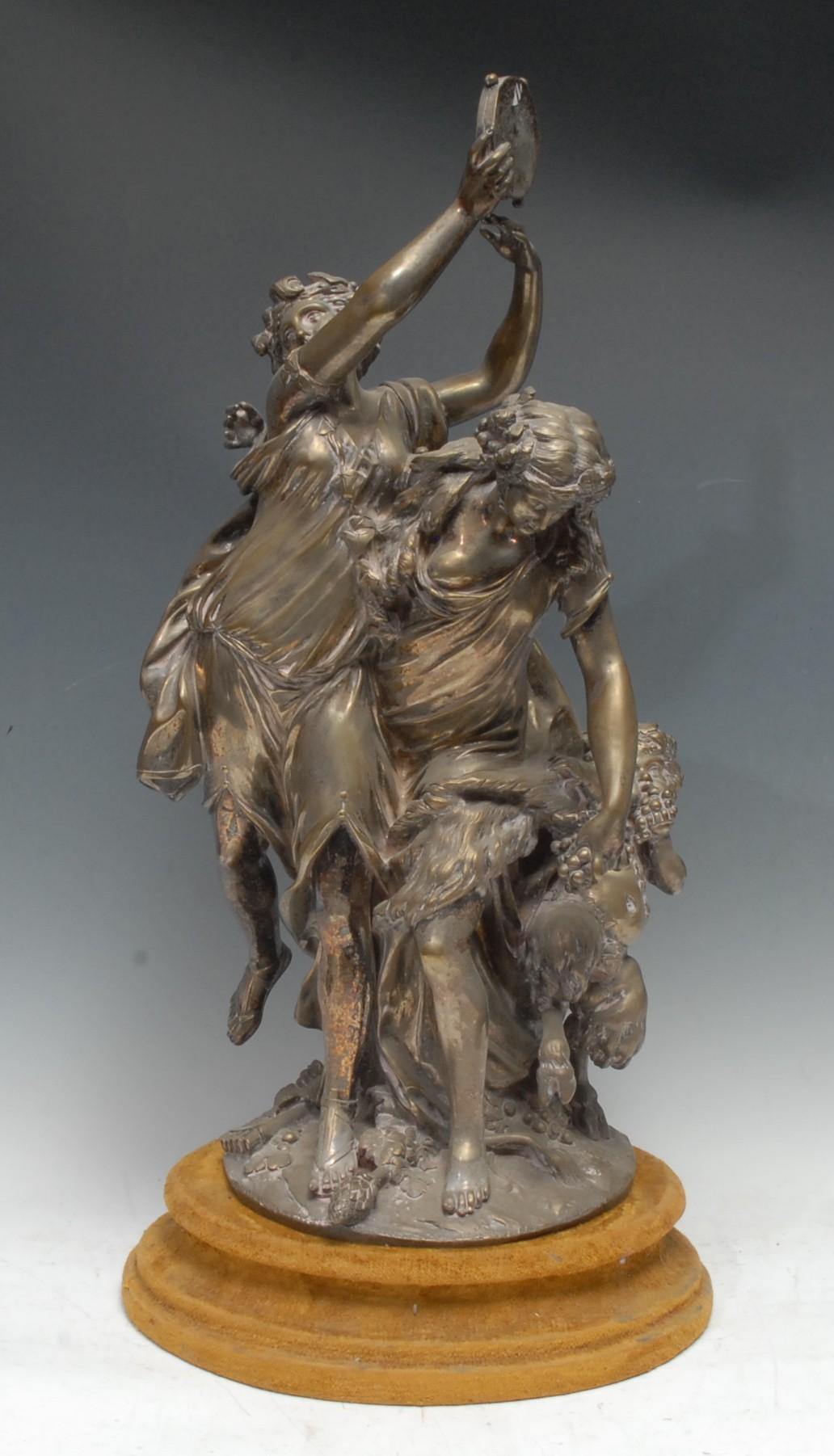 After Claude Michel Clodion (French, 1738-1814), a silvered and gilt bronzed figure, Bacchanalia,