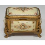A French gilt metal mounted enamelled box and cover, the cover jewelled with flowers and folaige, on