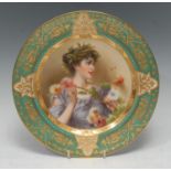 A Vienna circular plate, painted with Chrysanthemum, with beauty with leafy chaplet holding flower