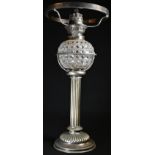 A late Victorian E.P.N.S table oil lamp, adjustable burner, The Wizard, hobnail-cut clear glass
