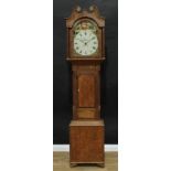 A George III oak and mahogany longcase clock, 33cm arched painted dial inscribed Hill, Cromford,