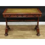 A George/William IV mahogany library writing table, moulded rounded rectangular top inset tooled and