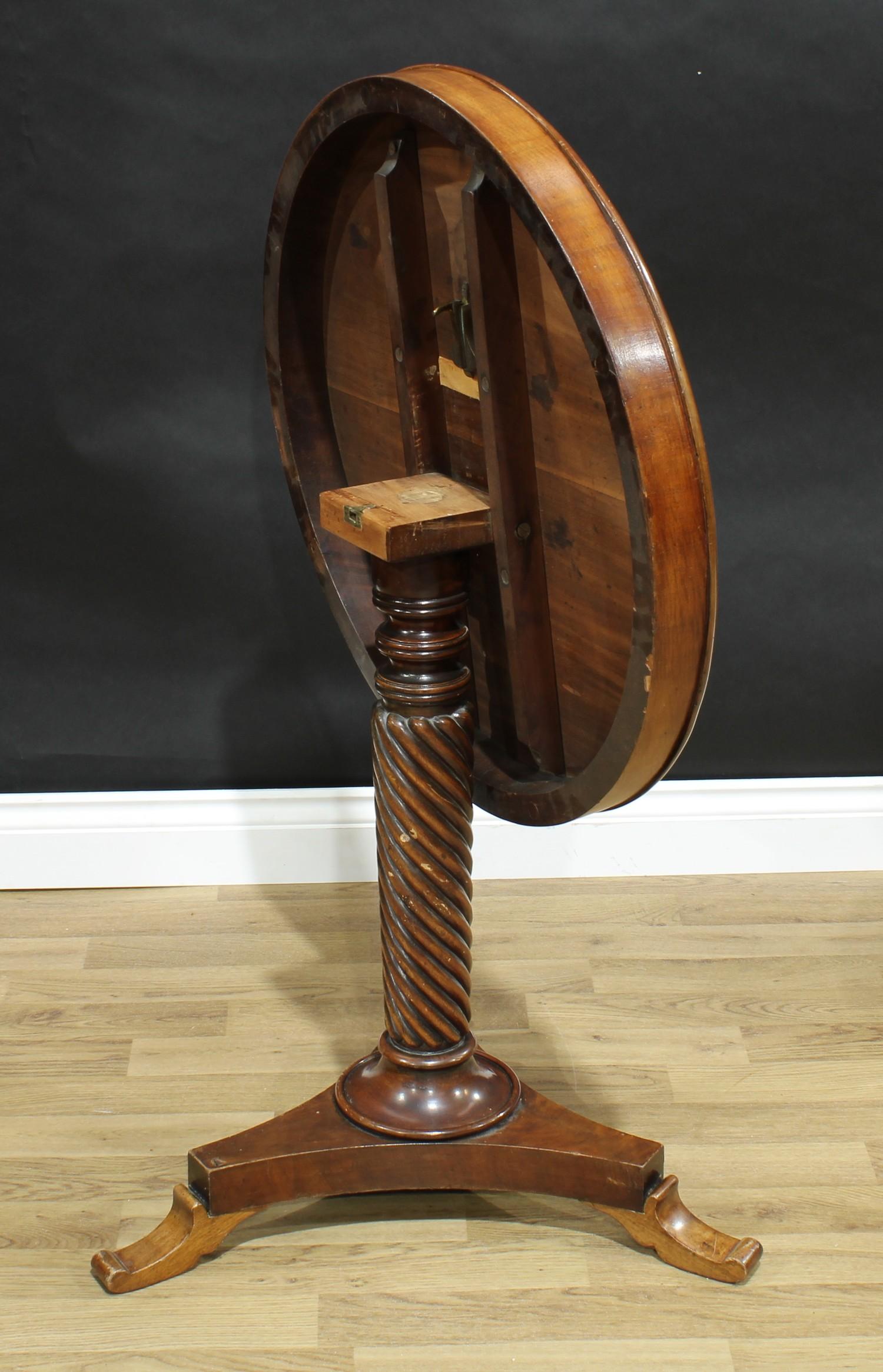 A 19th century mahogany circular pedestal games table, moulded tilting top inlaid for chess, above a - Image 3 of 3