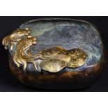 A Chinese gilt and dark patinated bronze brush washer, cast and applied with goldfish and lily pads,