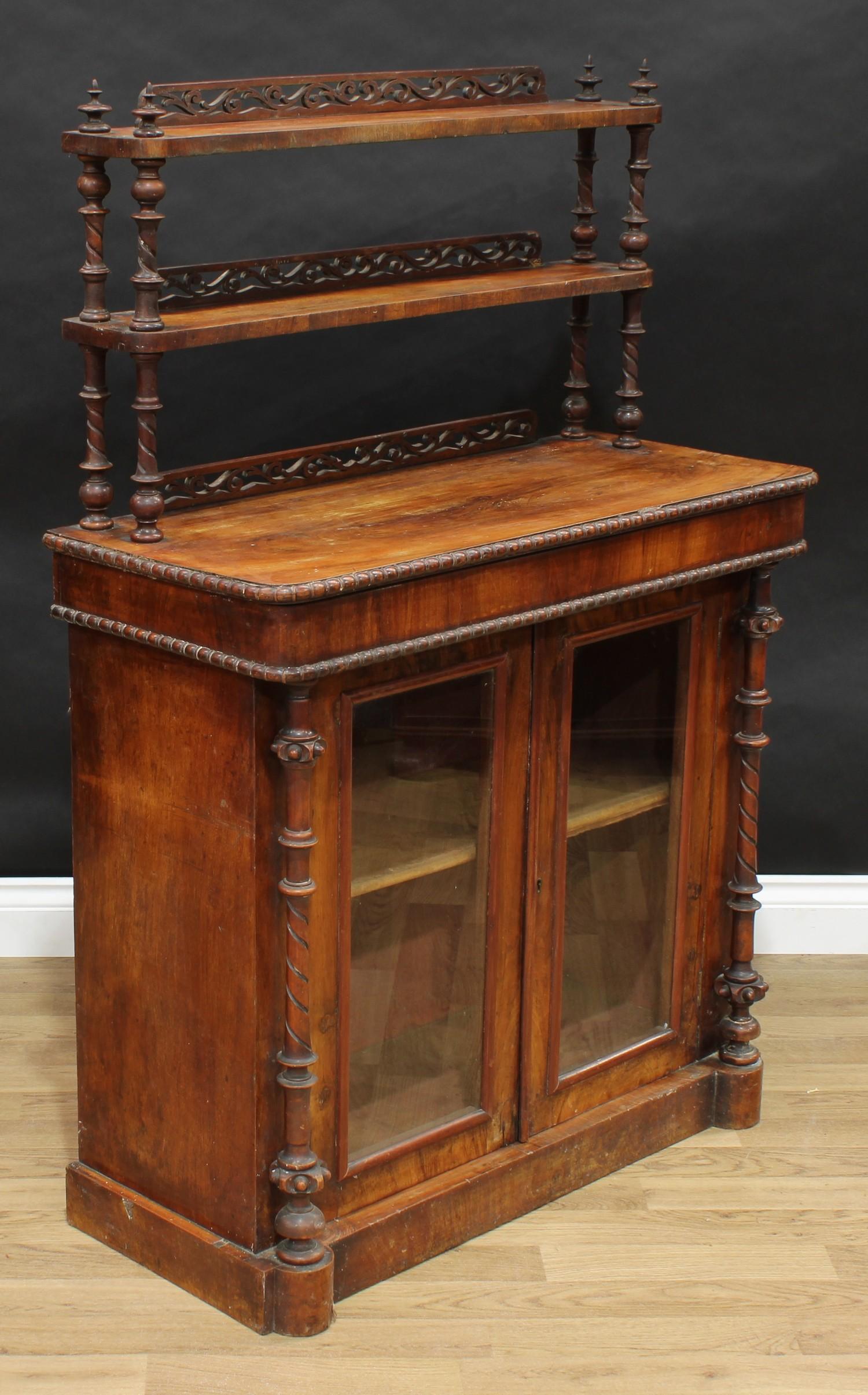 A Victorian walnut pier cabinet, rounded rectangular superstructure with two shelves, flanked by - Image 2 of 2