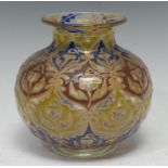 A Emile Galle, Nancy type ovoid vase, enamelled with blue, olive and green outlined in gilt, everted