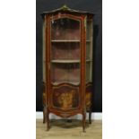 A Louis XV Revival gilt metal mounted mahogany and Vernis Martin serpentine vitrine, shaped cresting