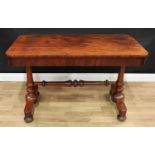 A Victorian mahogany library table, rounded rectangular top above a pair of flush frieze drawers,