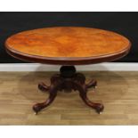 A Victorian burr walnut oval breakfast table, quarter-veneered top above a deep frieze, baluster