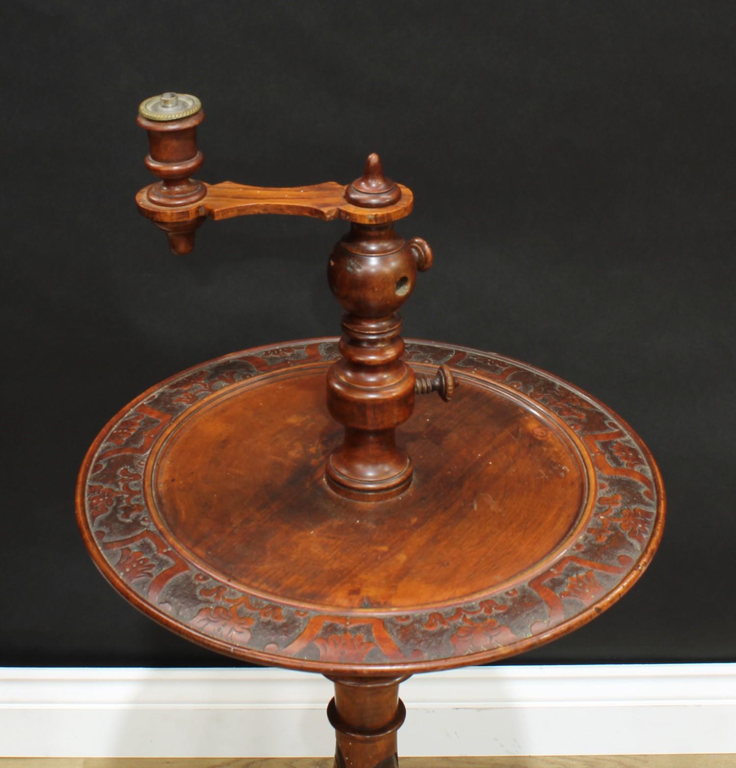 A Victorian walnut combination table and adjustable lamp, the sconce set on telescopic pillar, - Bild 2 aus 3